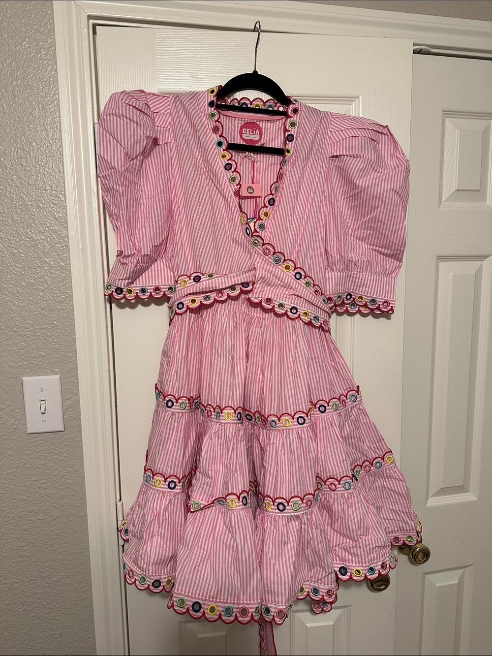 CeliaB Pink Striped Tiered Dress with Multicolor Scallop Trim